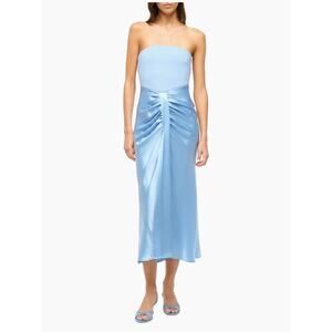 Staud Light  Blue Azure Wayfaring Mix Media Strapless Midi-Dress